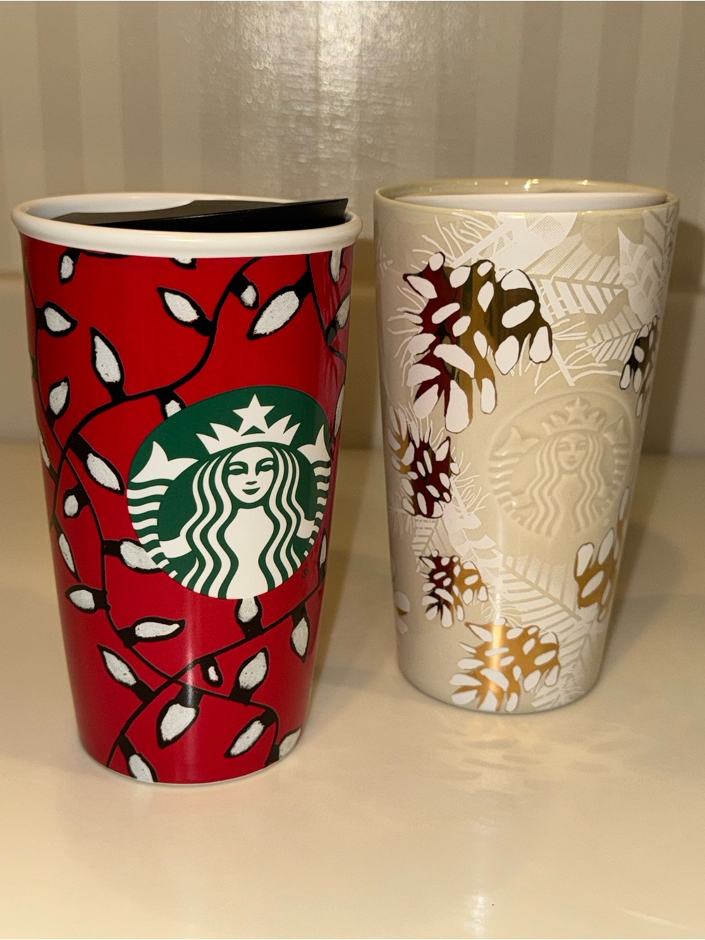 Two Starbucks Holiday Ceramic Tumblers Christmas
